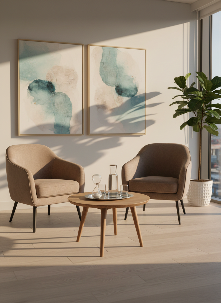 A modern couples therapy office space without people, arranged with two identical upholstered armchairs in warm gray facing a single matching armchair, all around a simple round oak coffee table. On the table rests a small tray with a glass carafe of water, two empty tumblers, and a minimalist sand timer, emphasizing shared time and reflection. The background wall displays two coordinated abstract prints in soft teal and beige, and a tall indoor plant in a white pot adds life to the corner. Gentle late-afternoon light from a large side window creates soft highlights and long, calm shadows. Photographic realism, eye-level framing, and balanced symmetry convey neutrality, safety, and respectful dialogue.